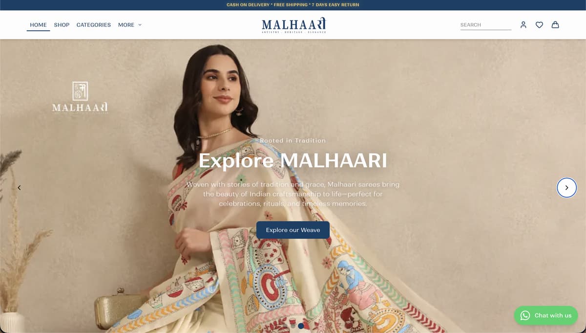 Screenshot of the Malhaari online store showing handcrafted clothing collections