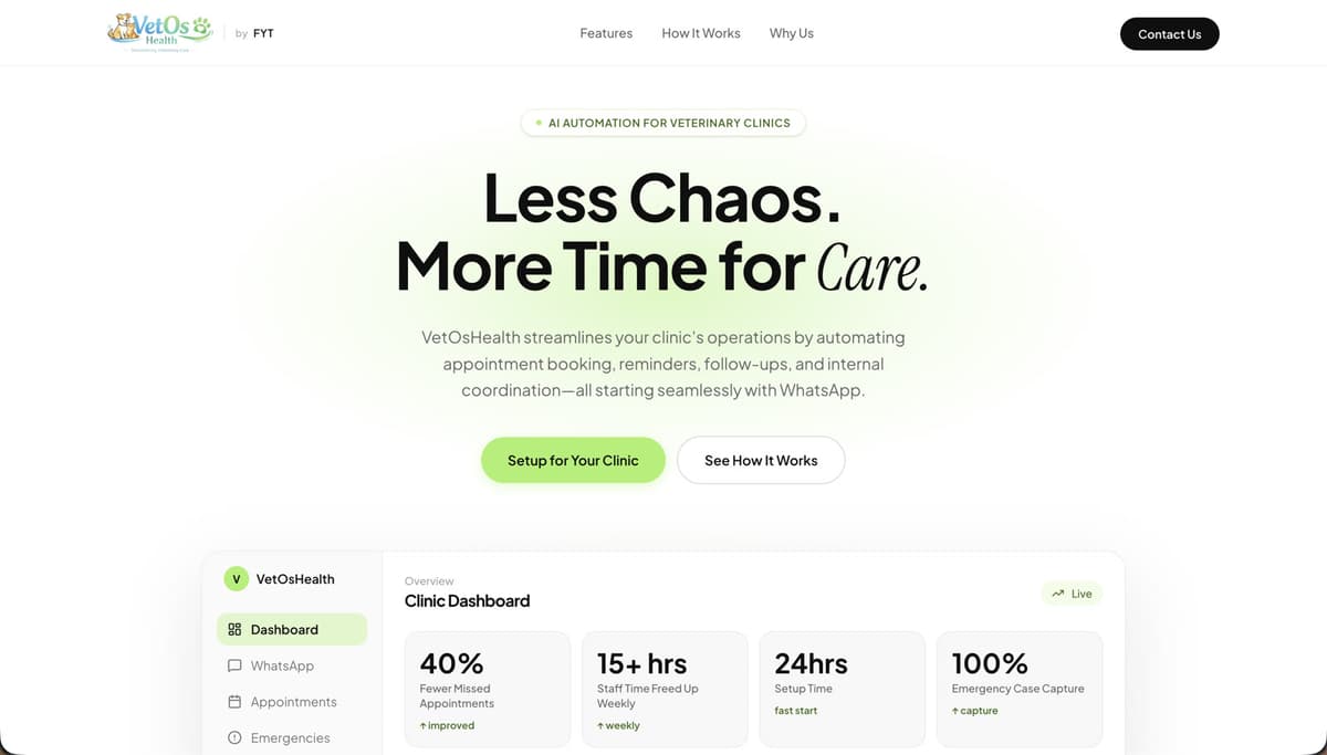 Screenshot of the VetOs Health website for veterinary clinics, with services and an appointment booking form
