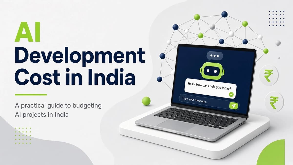 Pricing cover for AI development in India: an AI assistant at ₹80 thousand–1.5 lakh in 2–4 weeks, workflow automation at ₹1.5–4 lakh in 4–8 weeks, and a custom model from ₹4 lakh in 8–16 weeks.