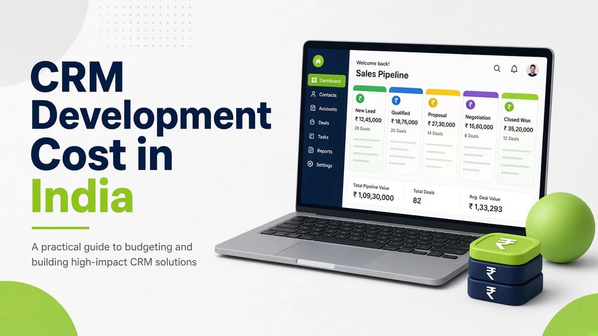 Pricing cover for custom CRM development in India: Starter at ₹1.2–2 lakh in 4–6 weeks, Growth at ₹2.5–4 lakh in 6–10 weeks, and Advanced from ₹4.5 lakh in 10–16 weeks. Prices exclude GST.