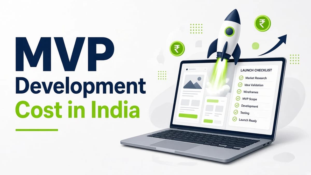 Pricing cover for MVP development in India: Discovery at ₹40–80 thousand in 1–2 weeks, Build at ₹1.5–3 lakh in 4–8 weeks, and Launch at ₹3–6 lakh in 8–14 weeks.