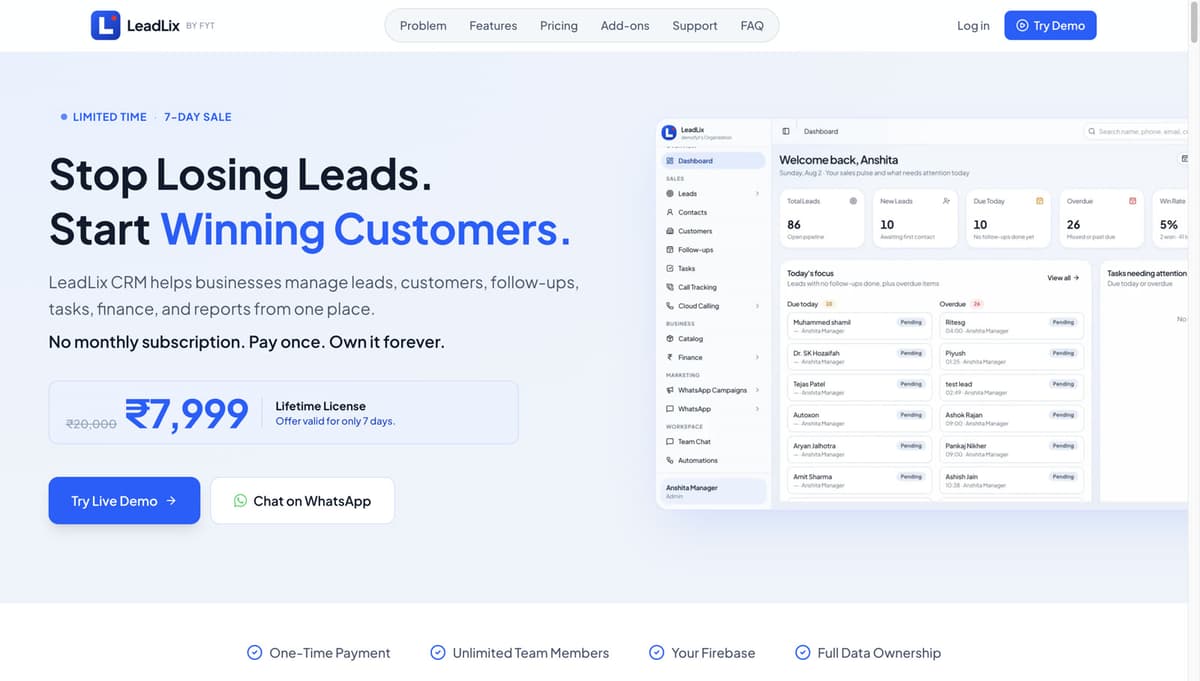 Screenshot of the LeadLix sales CRM dashboard with lead statistics, a sales pipeline, and the team leaderboard
